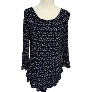 𝅺gap💐shirred Black Floral 3/4 Length Sleeve Top Sz Small